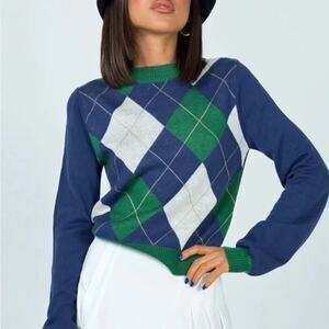 Princess Polly Argyle Cropped Sweater Women’s XS/S Wool Blend Argyle Sweater